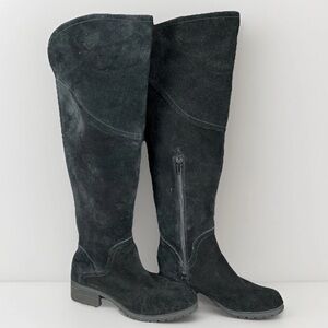 Lucky Brand Calypso Boots Womens 7 Black Suede Over The Knee Low Heel Lug Sole